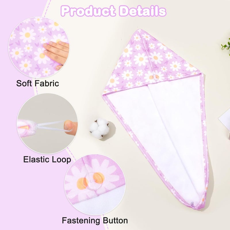 FIOBEE Microfiber Hair Towel Wrap for Kid Rapid Drying Towel Absorbent Hair Turbans for Wet Hair with Button Women Girls Long Curly Hair Pack of 2, Pink/Purple Flowers - Image 3